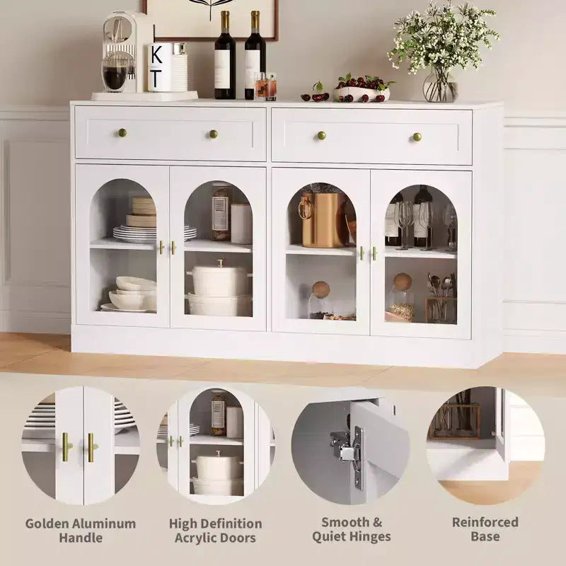 4 Acrylic Doors and 2 Drawers, Wide Sideboard Buffet CabinetWood Kitchen Storage Cabinet for Dining Room, Living Room