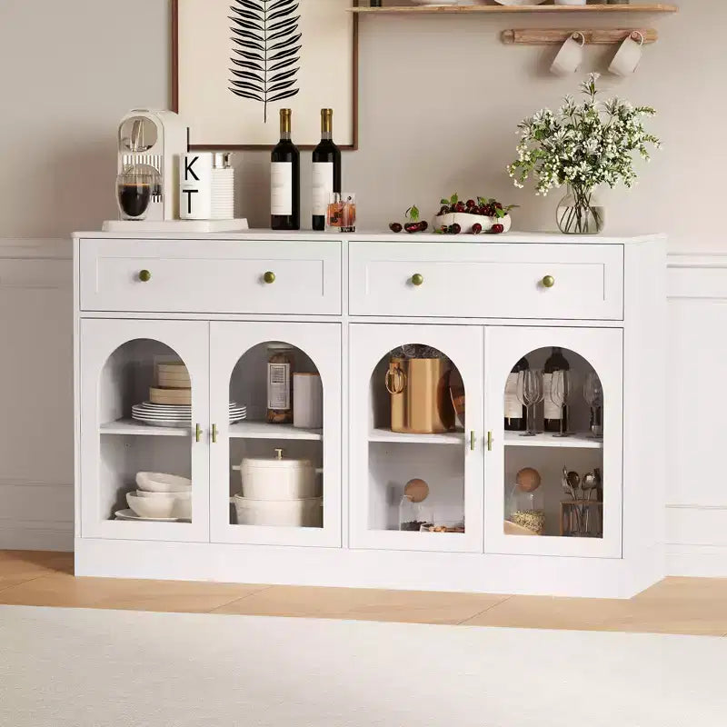 4 Acrylic Doors and 2 Drawers, Wide Sideboard Buffet CabinetWood Kitchen Storage Cabinet for Dining Room, Living Room