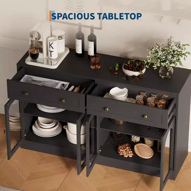 4 Acrylic Doors and 2 Drawers, Wide Sideboard Buffet CabinetWood Kitchen Storage Cabinet for Dining Room, Living Room