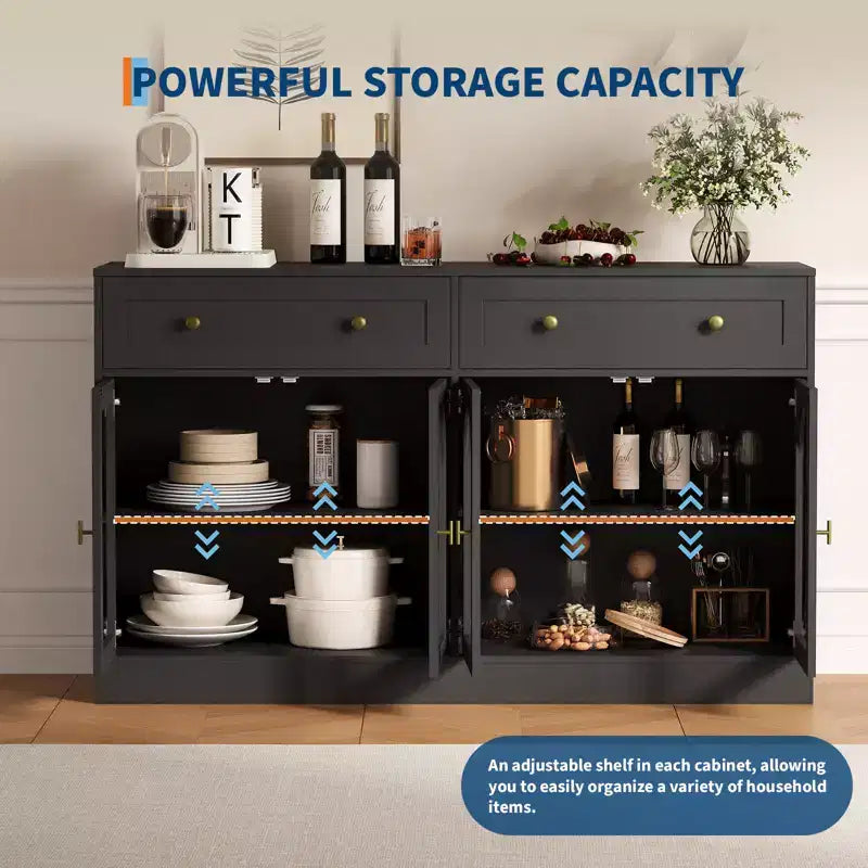4 Acrylic Doors and 2 Drawers, Wide Sideboard Buffet CabinetWood Kitchen Storage Cabinet for Dining Room, Living Room