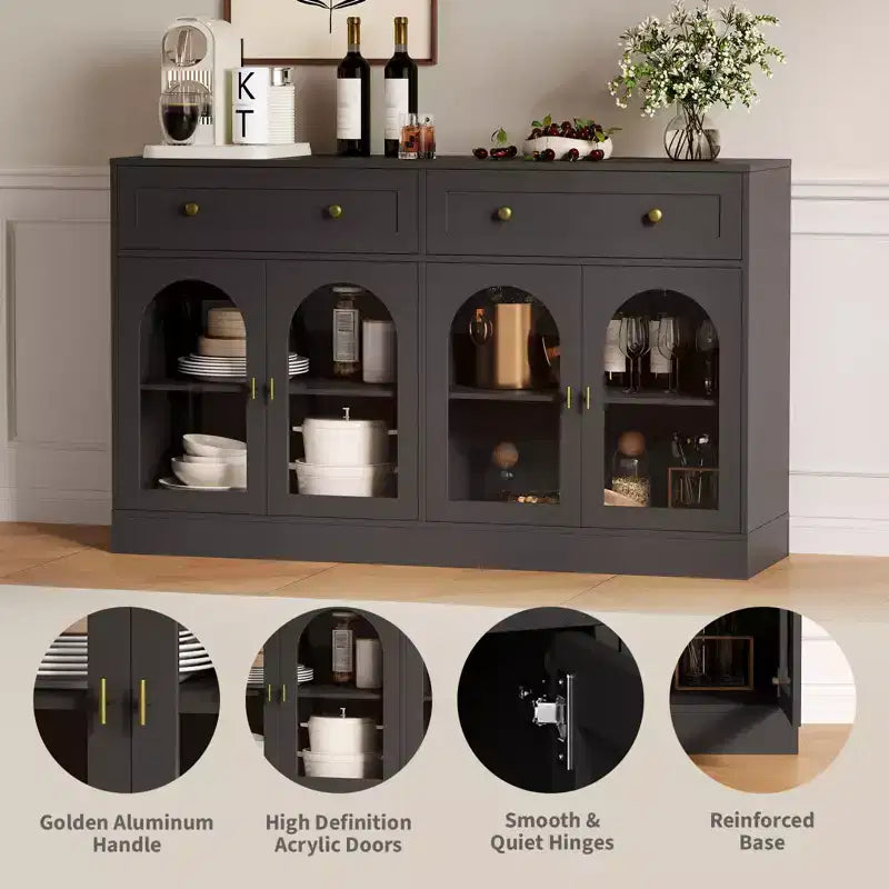 4 Acrylic Doors and 2 Drawers, Wide Sideboard Buffet CabinetWood Kitchen Storage Cabinet for Dining Room, Living Room