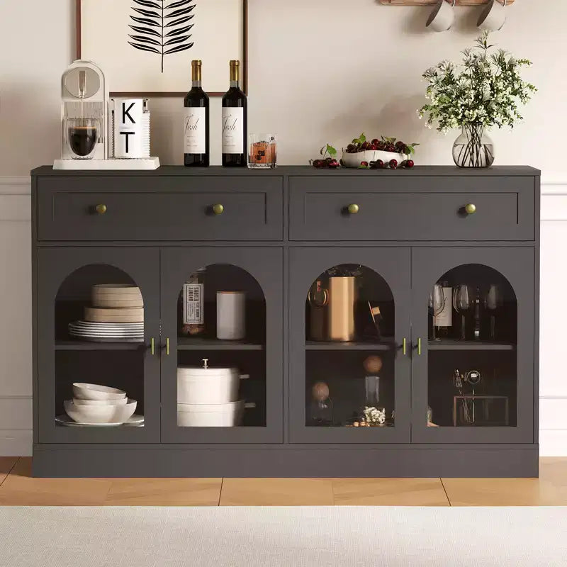 4 Acrylic Doors and 2 Drawers, Wide Sideboard Buffet CabinetWood Kitchen Storage Cabinet for Dining Room, Living Room