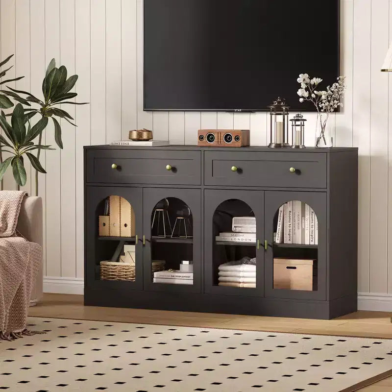 4 Acrylic Doors and 2 Drawers, Wide Sideboard Buffet CabinetWood Kitchen Storage Cabinet for Dining Room, Living Room