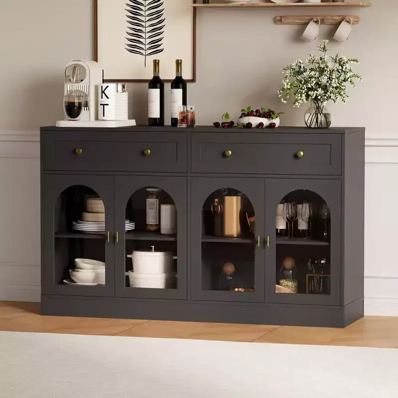 4 Acrylic Doors and 2 Drawers, Wide Sideboard Buffet CabinetWood Kitchen Storage Cabinet for Dining Room, Living Room