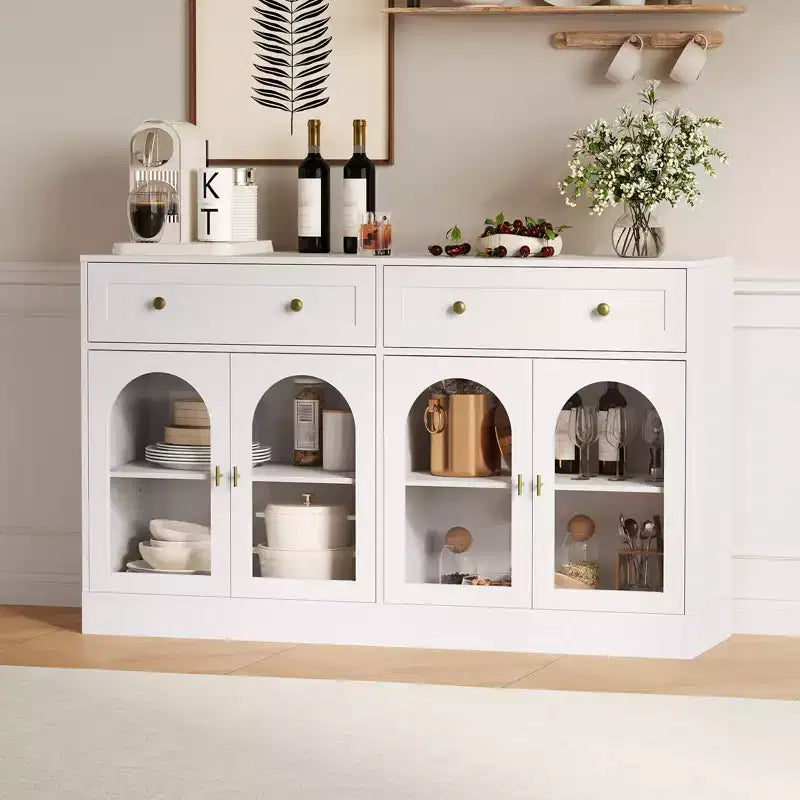 4 Acrylic Doors and 2 Drawers, Wide Sideboard Buffet CabinetWood Kitchen Storage Cabinet for Dining Room, Living Room