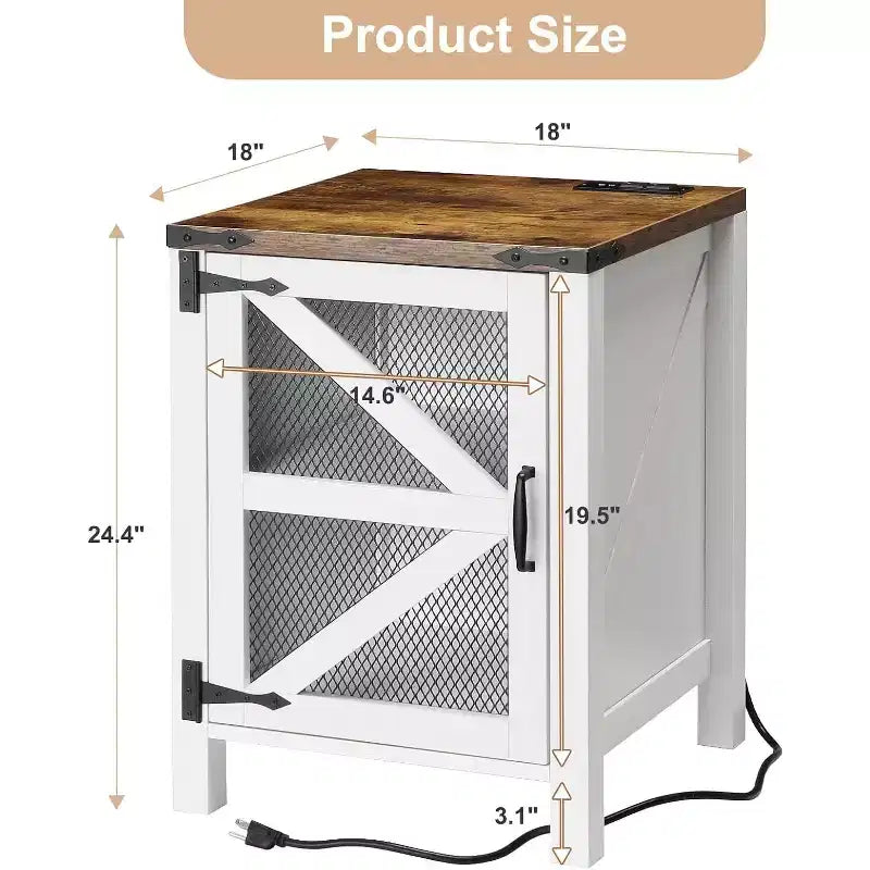 Farmhouse End Table with Charging Station, 18'' Rustic Nightstand with Barn Door and Adjustable Storage Shelf, Wooden Sofa Side Table with Storage