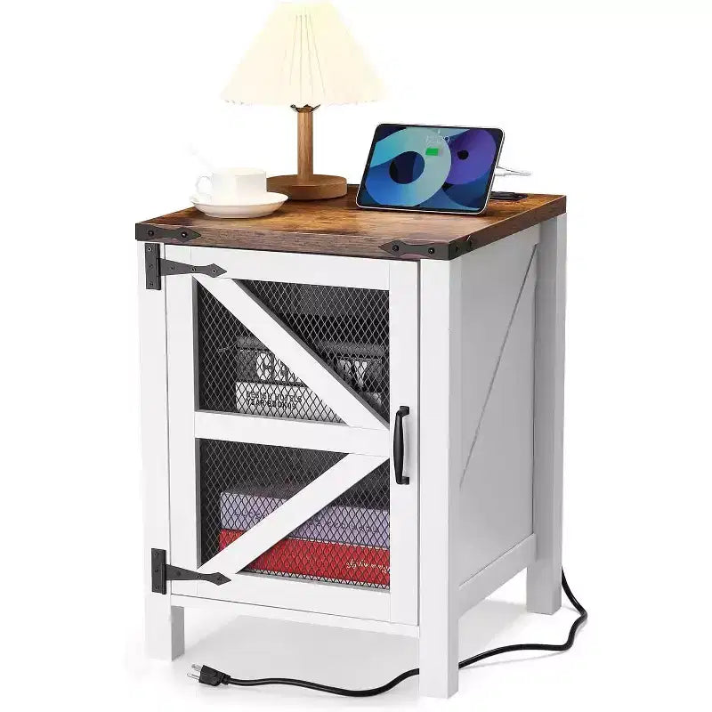Farmhouse End Table with Charging Station, 18'' Rustic Nightstand with Barn Door and Adjustable Storage Shelf, Wooden Sofa Side Table with Storage