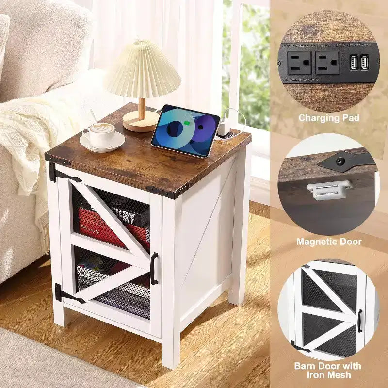 Farmhouse End Table with Charging Station, 18'' Rustic Nightstand with Barn Door and Adjustable Storage Shelf, Wooden Sofa Side Table with Storage