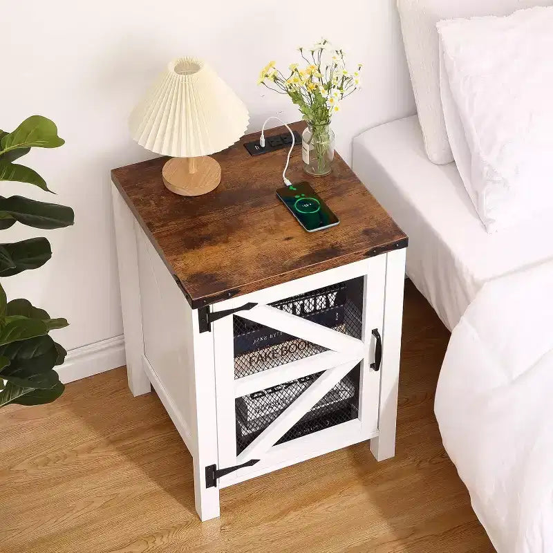 Farmhouse End Table with Charging Station, 18'' Rustic Nightstand with Barn Door and Adjustable Storage Shelf, Wooden Sofa Side Table with Storage