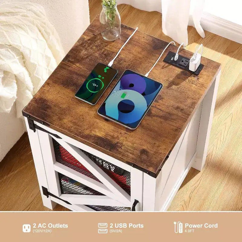 Farmhouse End Table with Charging Station, 18'' Rustic Nightstand with Barn Door and Adjustable Storage Shelf, Wooden Sofa Side Table with Storage