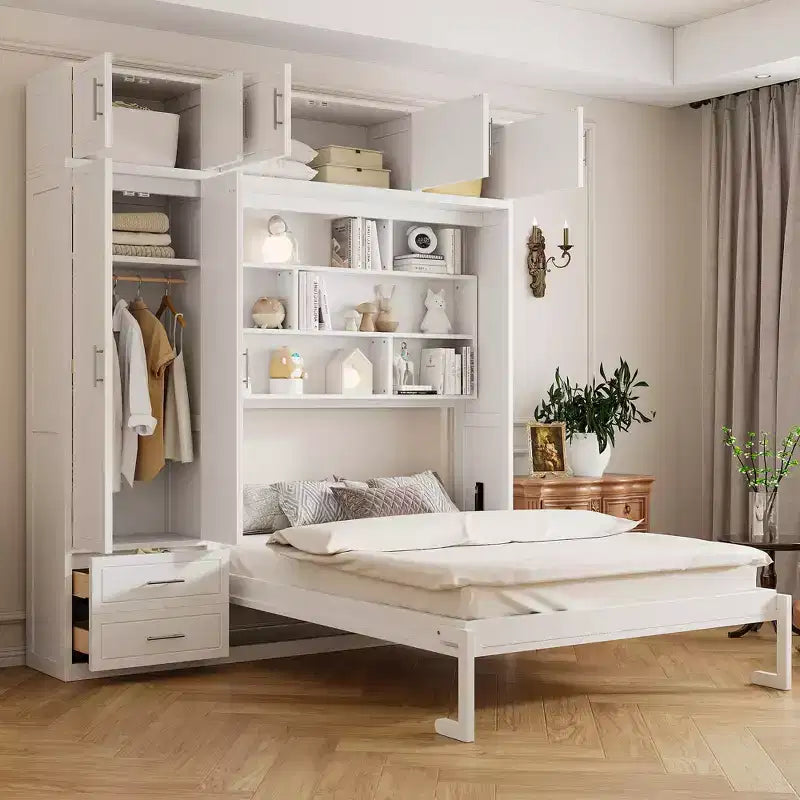 Queen Murphy Bed Wall Bed with Wardrobe, Queen Size Cabinet Bed Folding Wall Bed with Storage Cabinet and Shelves for Guest Room
