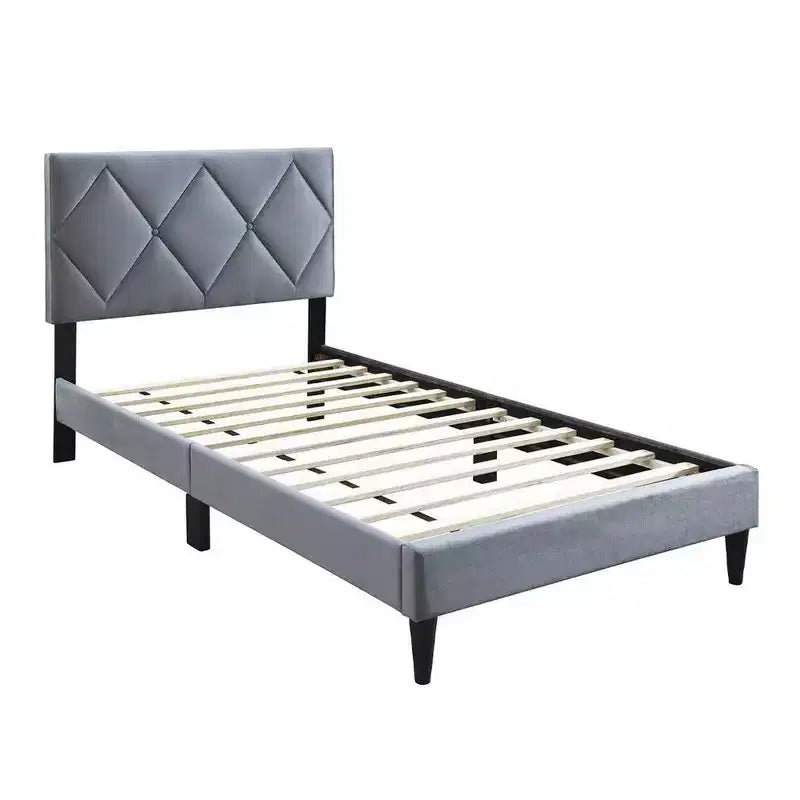 Royal Hampton Full Size Bed, Tufted Gray Velvet Upholstery, Diamond Stitch