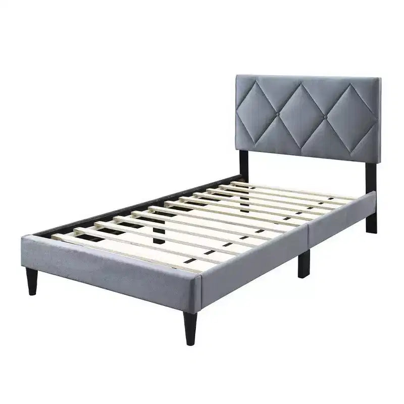 Royal Hampton Full Size Bed, Tufted Gray Velvet Upholstery, Diamond Stitch