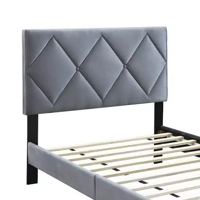 Royal Hampton Full Size Bed, Tufted Gray Velvet Upholstery, Diamond Stitch