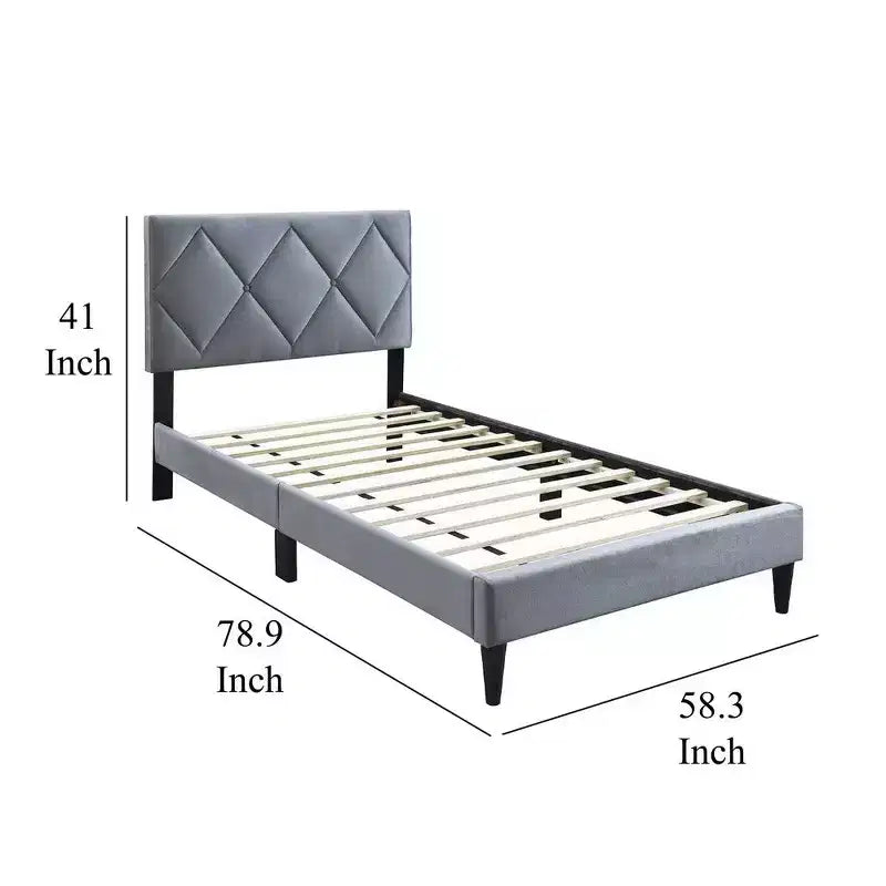 Royal Hampton Full Size Bed, Tufted Gray Velvet Upholstery, Diamond Stitch