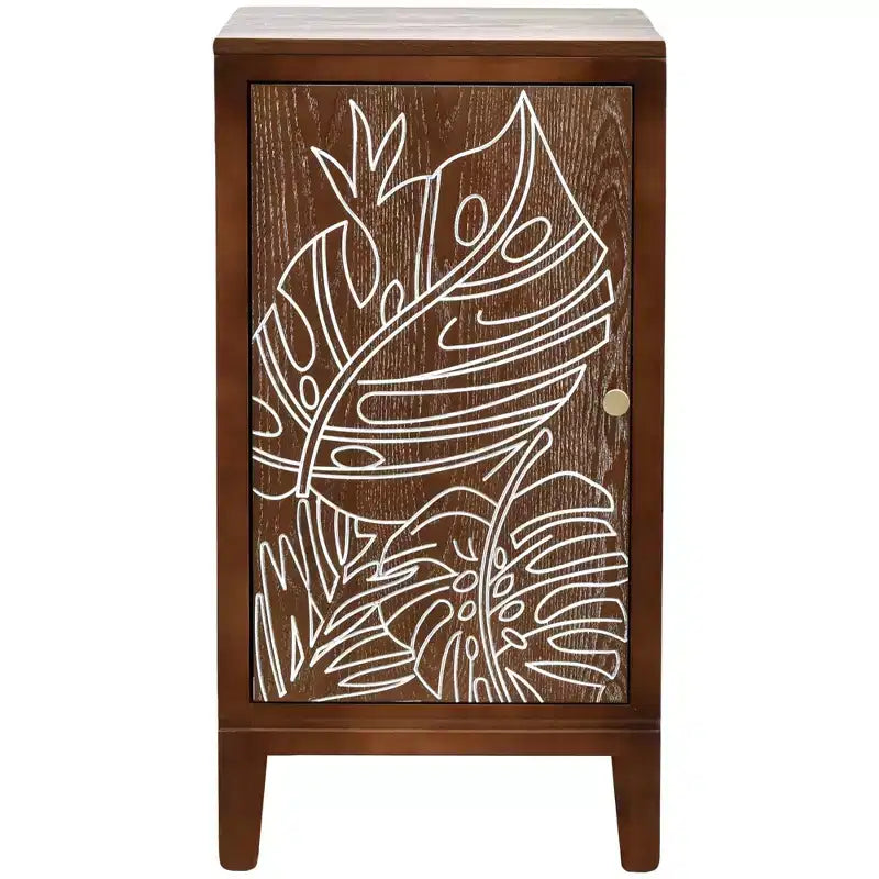 eHemco Tropical Monstera Door Accent End Table, Modern Retro Style, 16.5 x 14 x 31 Inches, Antique Walnut Finish