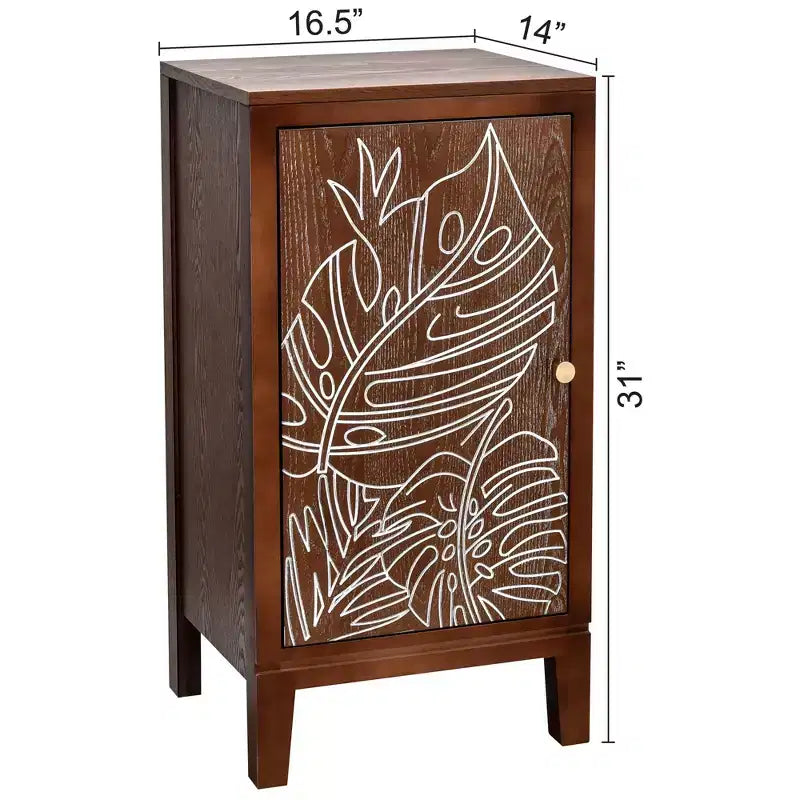 eHemco Tropical Monstera Door Accent End Table, Modern Retro Style, 16.5 x 14 x 31 Inches, Antique Walnut Finish