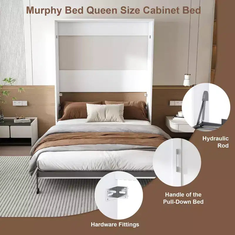 GDFStudio Elisha Modern Wall-Mounted Murphy Bed with Cabinet Design, Hydraulic Lift System