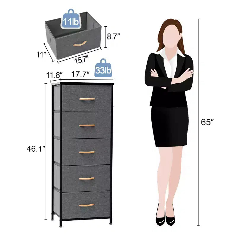 Crestlive Products 5-6 Drawer Vertical Dresser with Sturdy Steel Frame Wood Top Easy Pull Fabric Bins