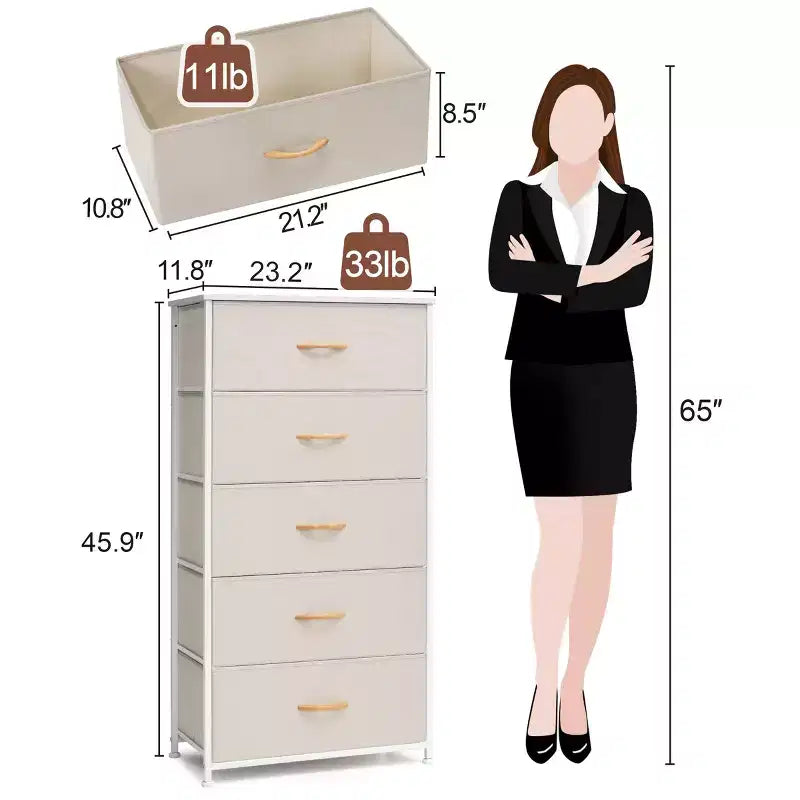 Crestlive Products 5-6 Drawer Vertical Dresser with Sturdy Steel Frame Wood Top Easy Pull Fabric Bins