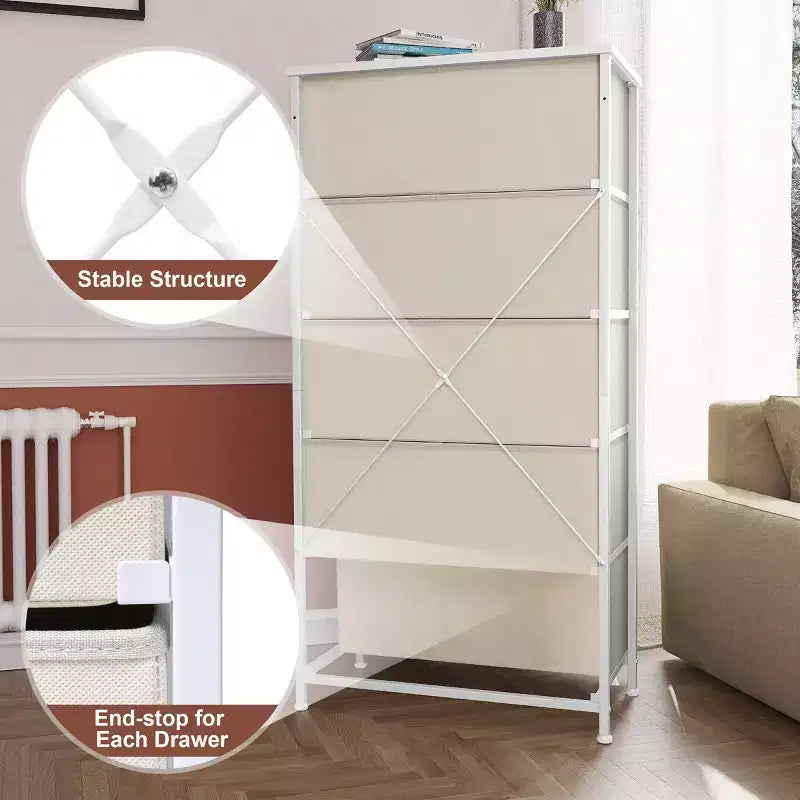 Crestlive Products 5-6 Drawer Vertical Dresser with Sturdy Steel Frame Wood Top Easy Pull Fabric Bins