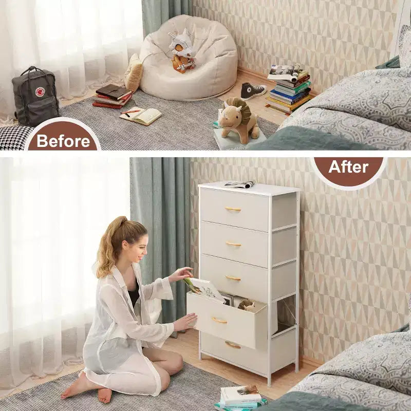 Crestlive Products 5-6 Drawer Vertical Dresser with Sturdy Steel Frame Wood Top Easy Pull Fabric Bins