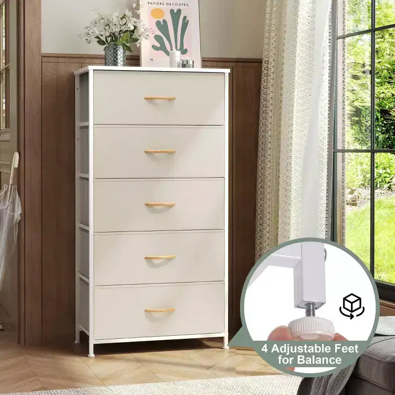 Crestlive Products 5-6 Drawer Vertical Dresser with Sturdy Steel Frame Wood Top Easy Pull Fabric Bins