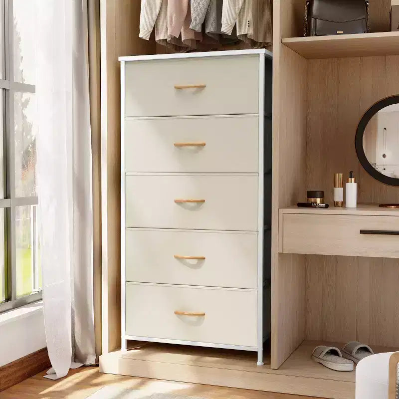 Crestlive Products 5-6 Drawer Vertical Dresser with Sturdy Steel Frame Wood Top Easy Pull Fabric Bins