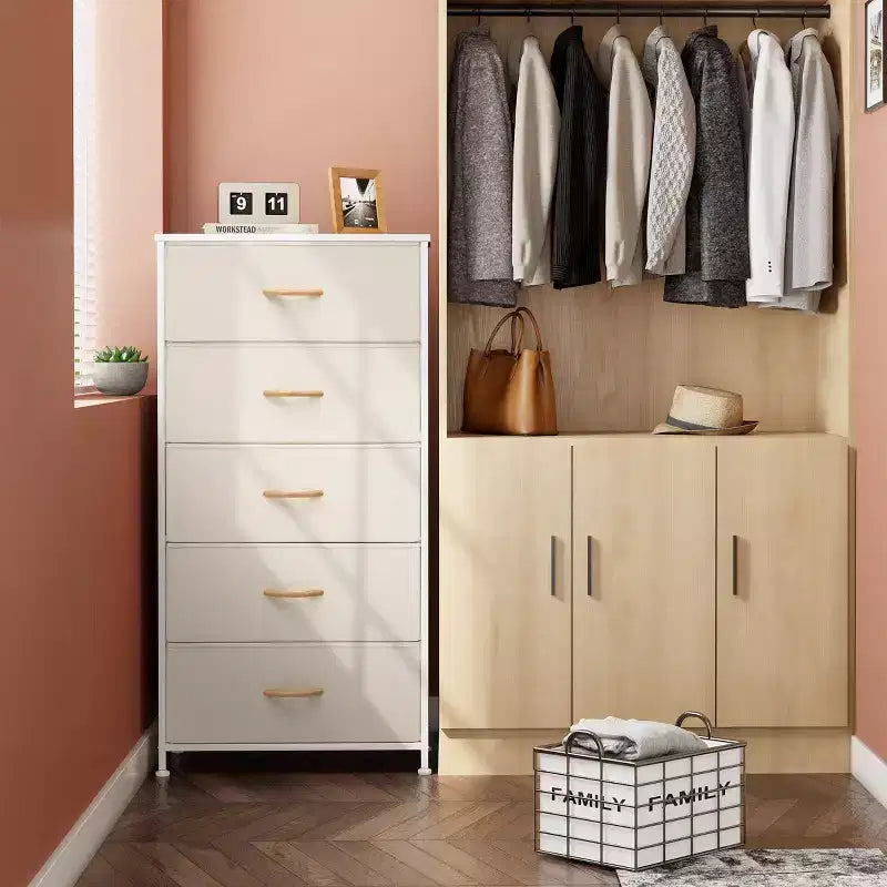 Crestlive Products 5-6 Drawer Vertical Dresser with Sturdy Steel Frame Wood Top Easy Pull Fabric Bins