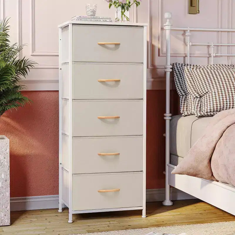Crestlive Products 5-6 Drawer Vertical Dresser with Sturdy Steel Frame Wood Top Easy Pull Fabric Bins