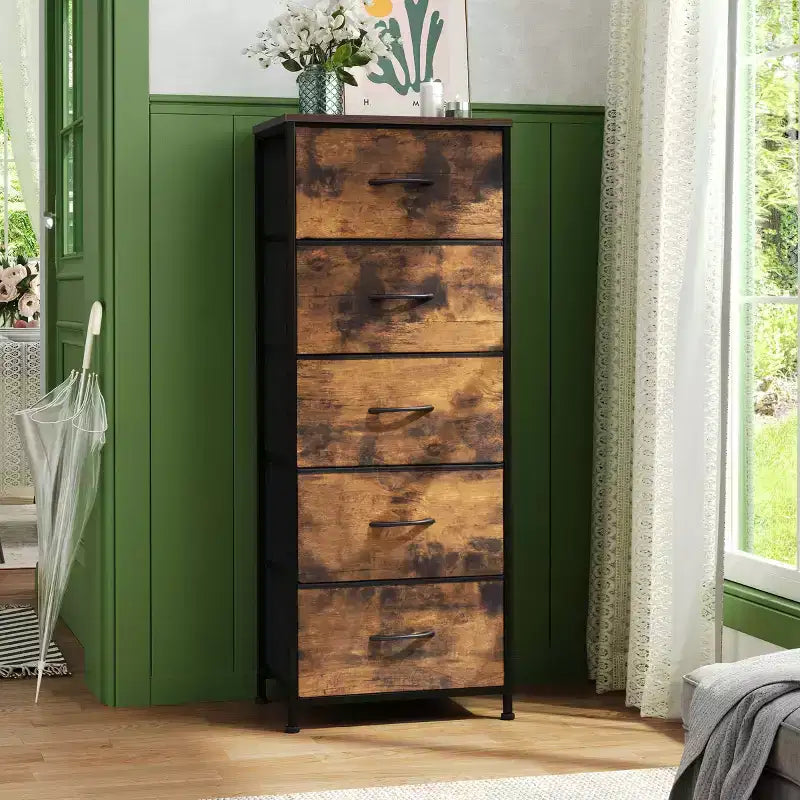 Crestlive Products 5-6 Drawer Vertical Dresser with Sturdy Steel Frame Wood Top Easy Pull Fabric Bins