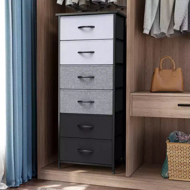 Crestlive Products 5-6 Drawer Vertical Dresser with Sturdy Steel Frame Wood Top Easy Pull Fabric Bins
