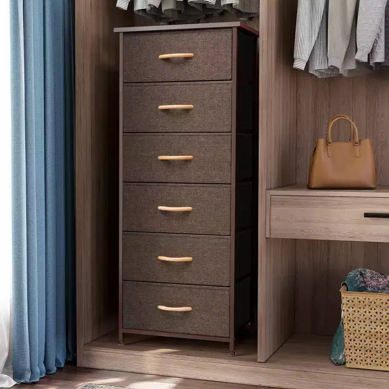 Crestlive Products 5-6 Drawer Vertical Dresser with Sturdy Steel Frame Wood Top Easy Pull Fabric Bins