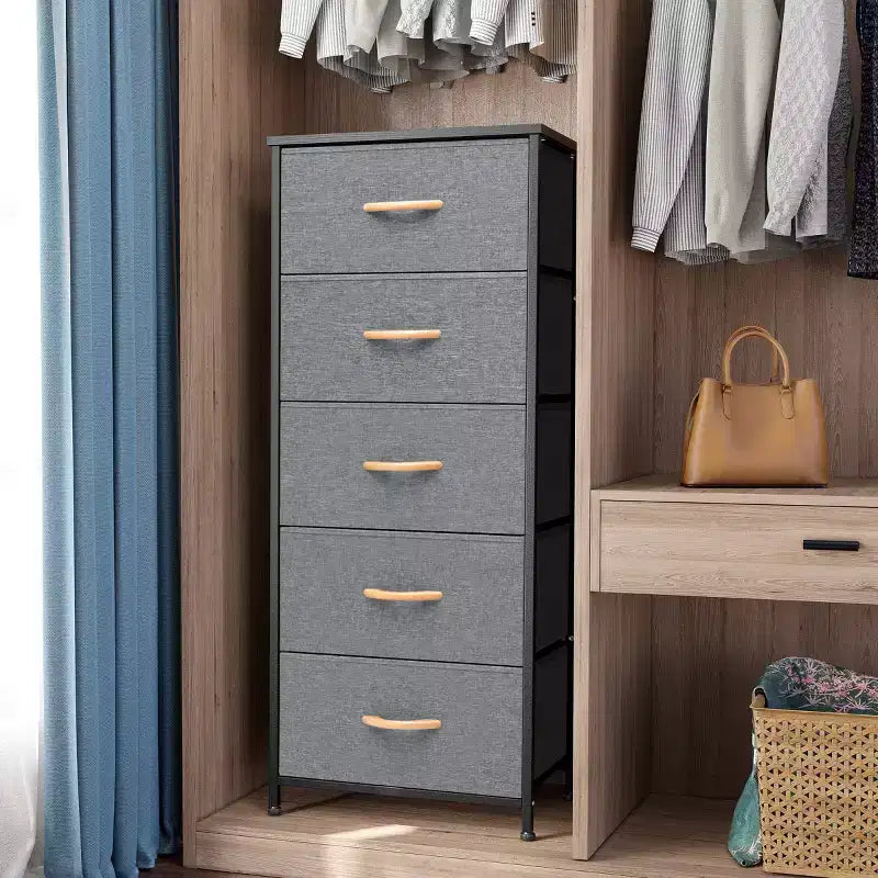 Crestlive Products 5-6 Drawer Vertical Dresser with Sturdy Steel Frame Wood Top Easy Pull Fabric Bins