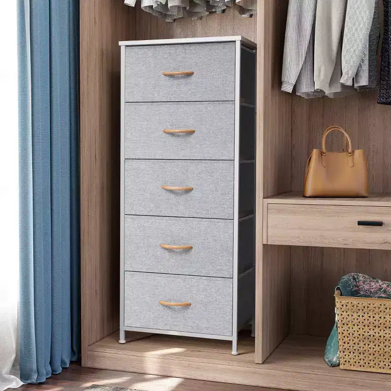 Crestlive Products 5-6 Drawer Vertical Dresser with Sturdy Steel Frame Wood Top Easy Pull Fabric Bins
