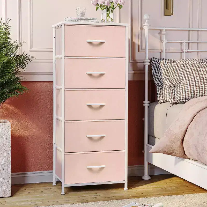 Crestlive Products 5-6 Drawer Vertical Dresser with Sturdy Steel Frame Wood Top Easy Pull Fabric Bins