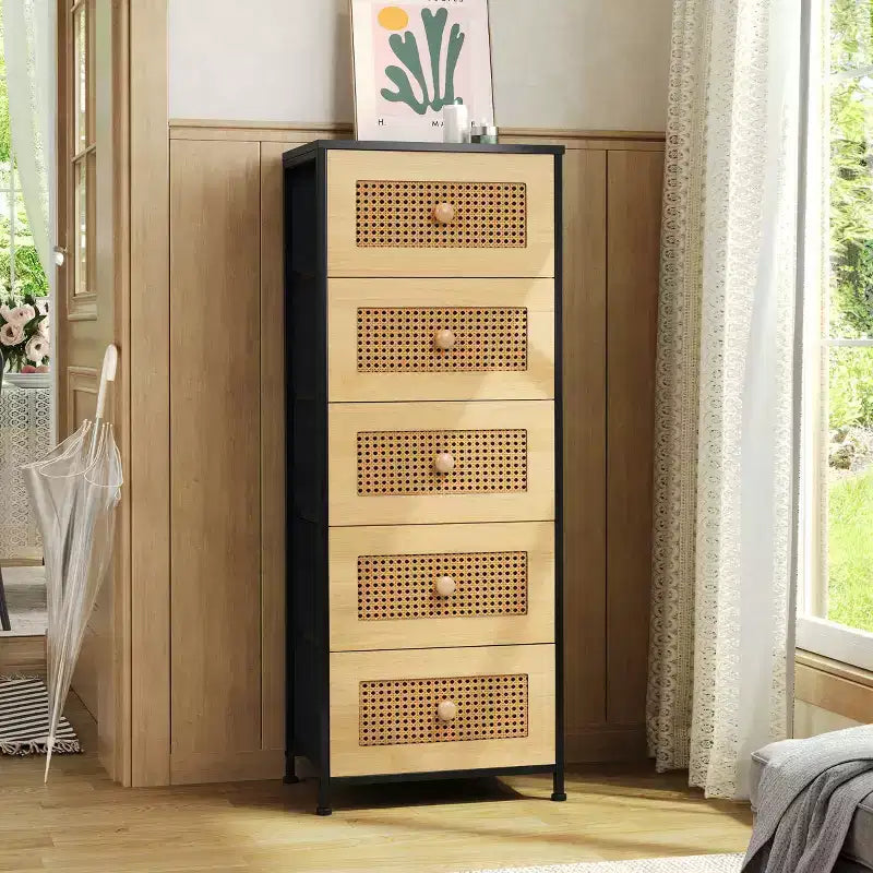 Crestlive Products 5-6 Drawer Vertical Dresser with Sturdy Steel Frame Wood Top Easy Pull Fabric Bins