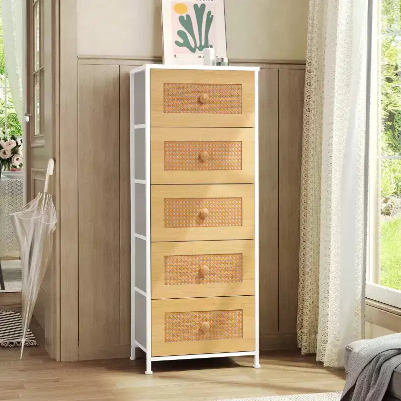 Crestlive Products 5-6 Drawer Vertical Dresser with Sturdy Steel Frame Wood Top Easy Pull Fabric Bins