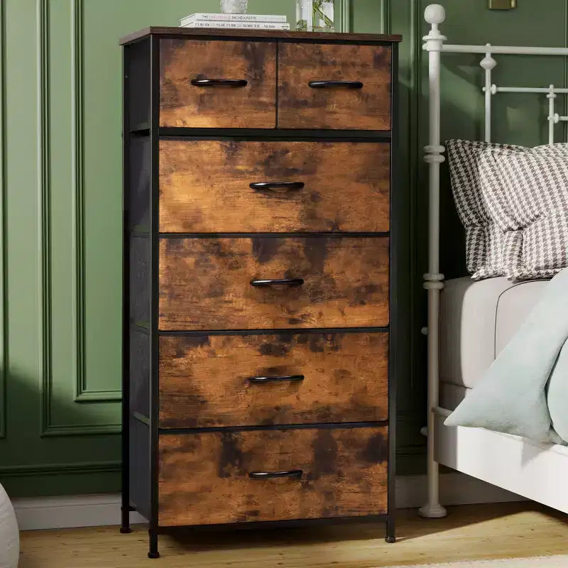 Crestlive Products 5-6 Drawer Vertical Dresser with Sturdy Steel Frame Wood Top Easy Pull Fabric Bins