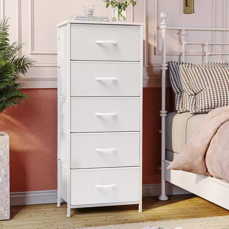 Crestlive Products 5-6 Drawer Vertical Dresser with Sturdy Steel Frame Wood Top Easy Pull Fabric Bins