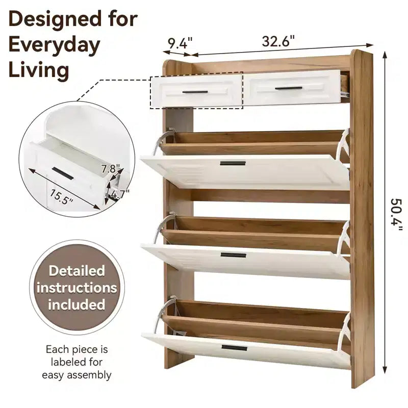 Okak Modern Wood Shoe Cabinet Organizer with 2 Drawers & 3 Folding Doors,Entryway Shoe Rack with Large Storage