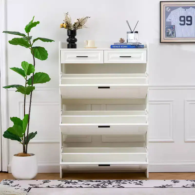 Okak Modern Wood Shoe Cabinet Organizer with 2 Drawers & 3 Folding Doors,Entryway Shoe Rack with Large Storage