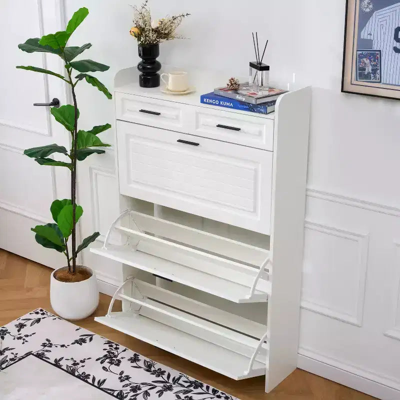 Okak Modern Wood Shoe Cabinet Organizer with 2 Drawers & 3 Folding Doors,Entryway Shoe Rack with Large Storage