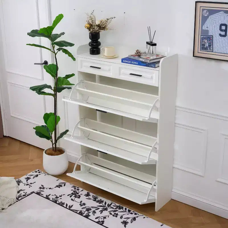 Okak Modern Wood Shoe Cabinet Organizer with 2 Drawers & 3 Folding Doors,Entryway Shoe Rack with Large Storage