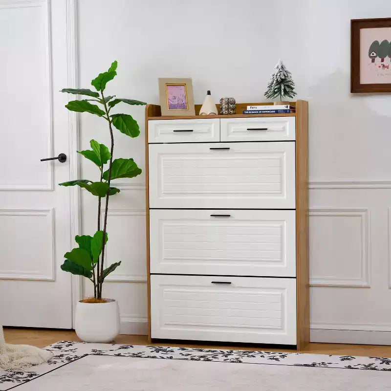 Okak Modern Wood Shoe Cabinet Organizer with 2 Drawers & 3 Folding Doors,Entryway Shoe Rack with Large Storage