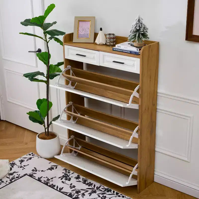 Okak Modern Wood Shoe Cabinet Organizer with 2 Drawers & 3 Folding Doors,Entryway Shoe Rack with Large Storage