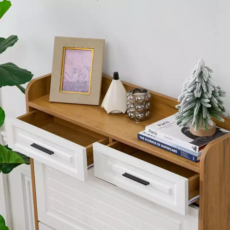 Okak Modern Wood Shoe Cabinet Organizer with 2 Drawers & 3 Folding Doors,Entryway Shoe Rack with Large Storage