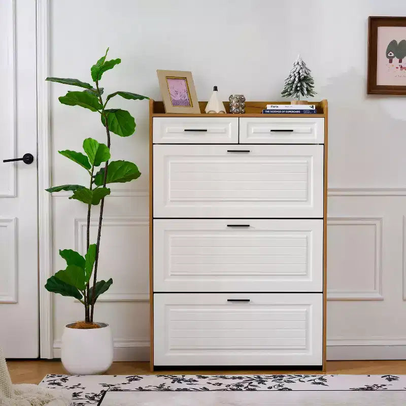 Okak Modern Wood Shoe Cabinet Organizer with 2 Drawers & 3 Folding Doors,Entryway Shoe Rack with Large Storage
