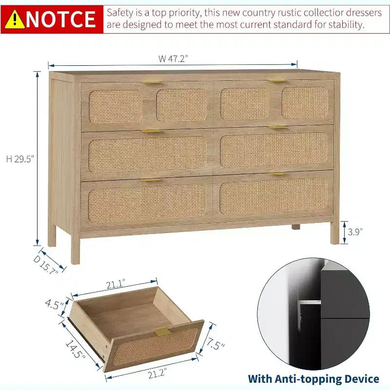6 Drawer Dresser for Bedroom, Rattan Dresser with Metal Handles, Farmhouse Wood Storage Chest of Drawers for Bedroom, Living Room, Office