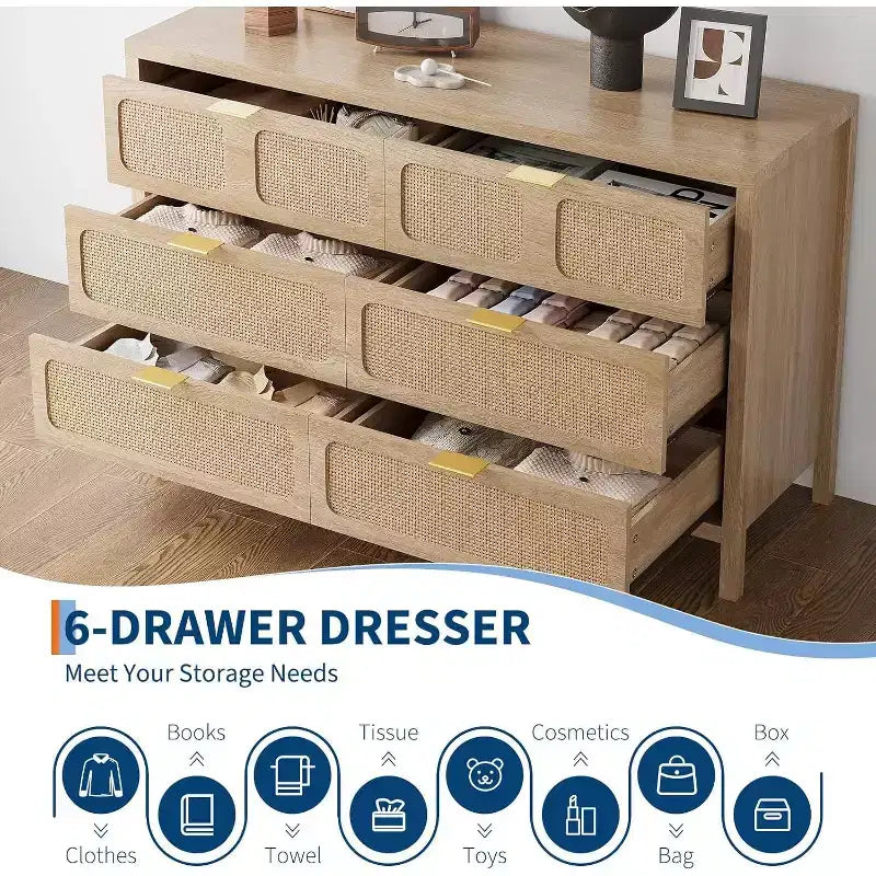 6 Drawer Dresser for Bedroom, Rattan Dresser with Metal Handles, Farmhouse Wood Storage Chest of Drawers for Bedroom, Living Room, Office